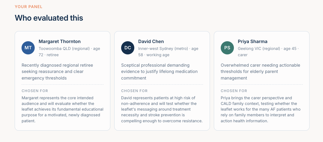 Three patient personas: a regional retiree, a working-age sceptic, and a CALD carer