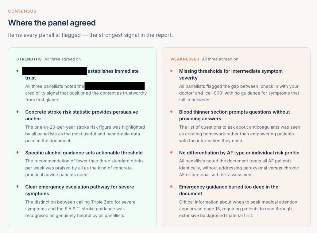 Consensus strengths and weaknesses the three personas agreed on