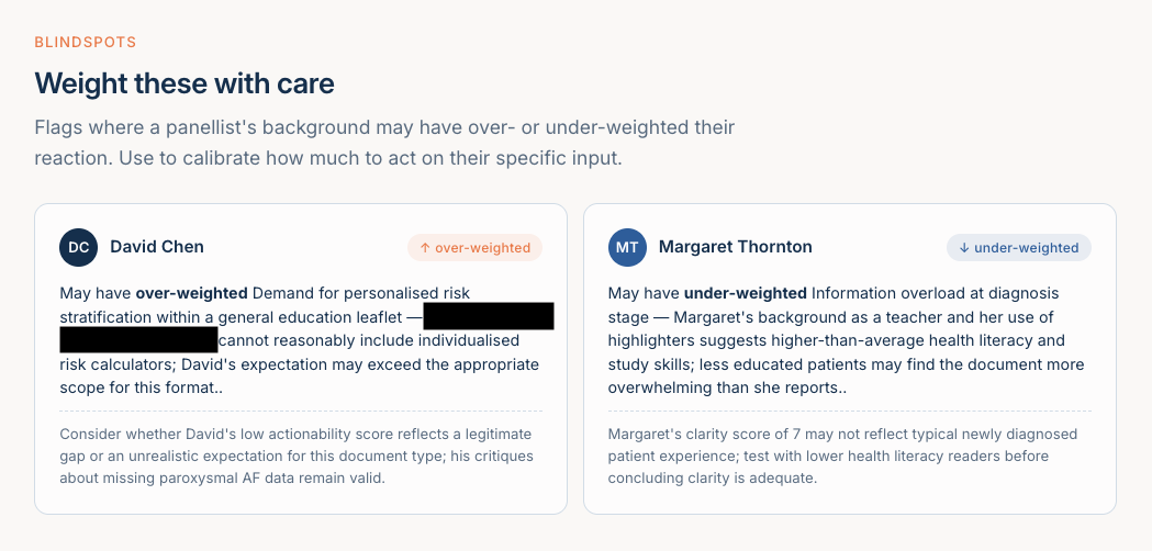 Persona blindspots flagging where their background may have over- or under-weighted their reaction